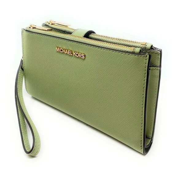 S Michael Kors Jet Set Travel Double-Zip Wristlet Army Green Leather Sage NWT F - Picture 2 of 7